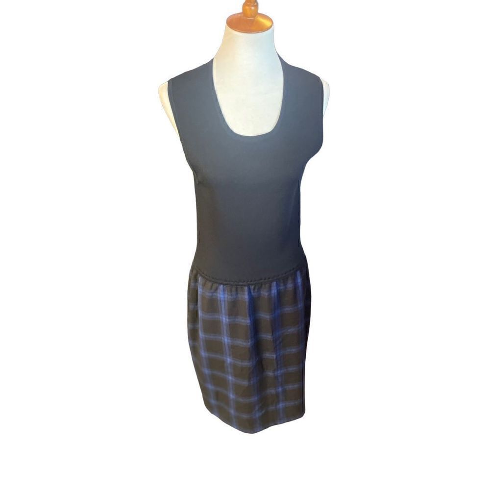 Women's Black & Blue Checkered Plaid Lined Satin Dress Size S/M